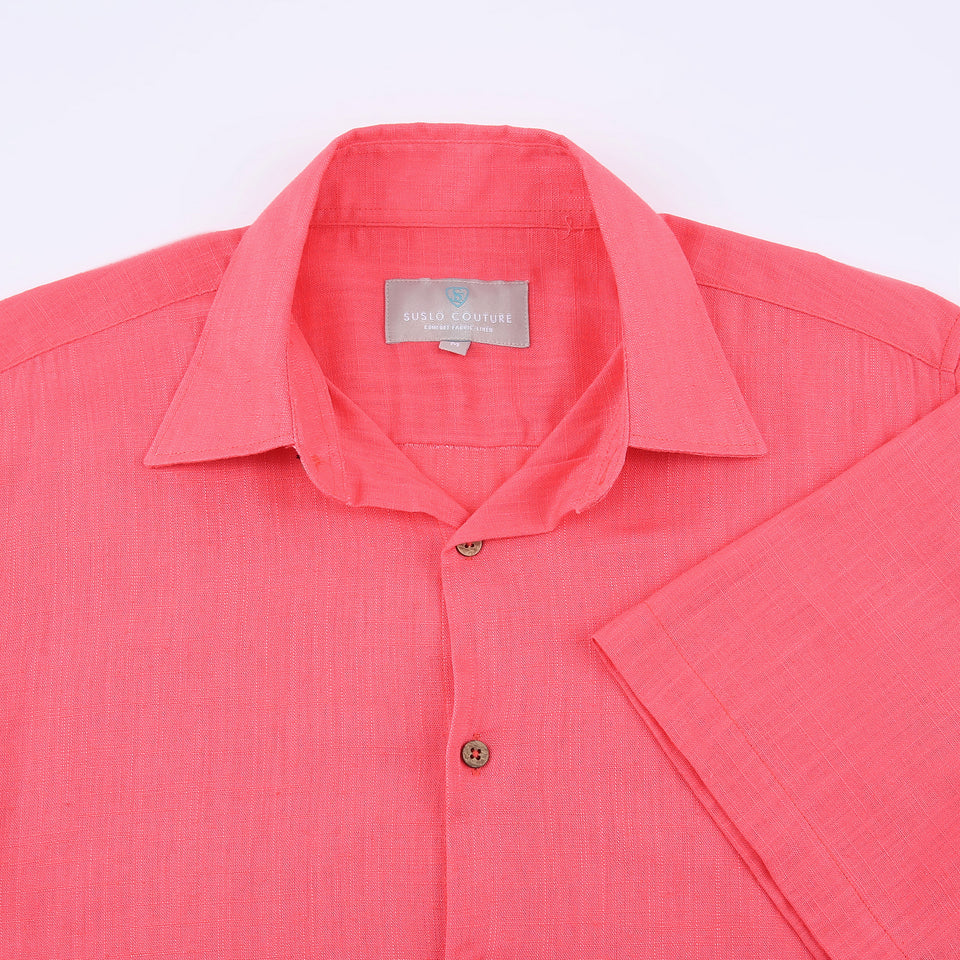 CHEMISE MANCHE COURTE EN LIN FUSHIA