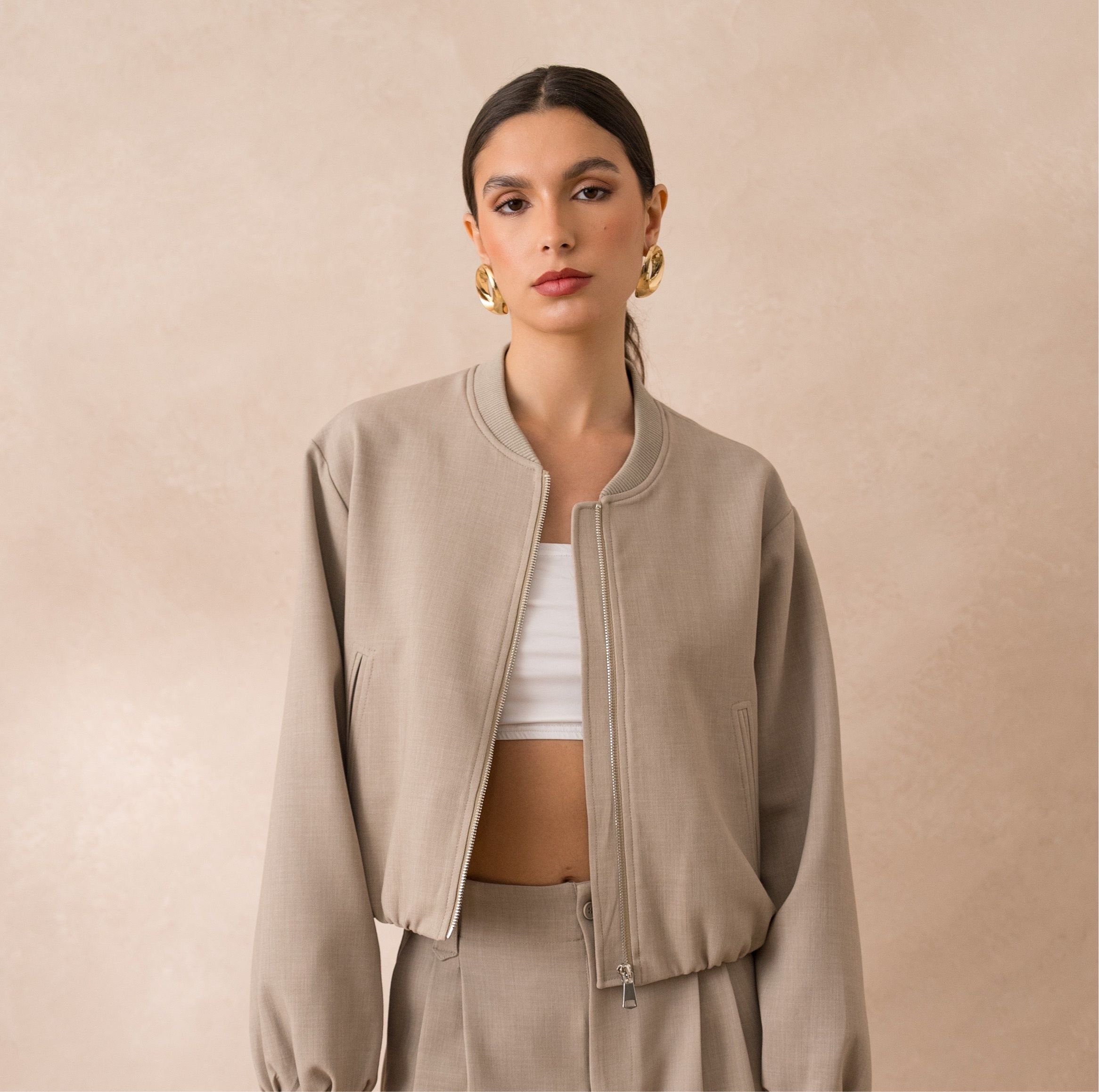 Ensemble Bombers + Pantalon large Taupe
