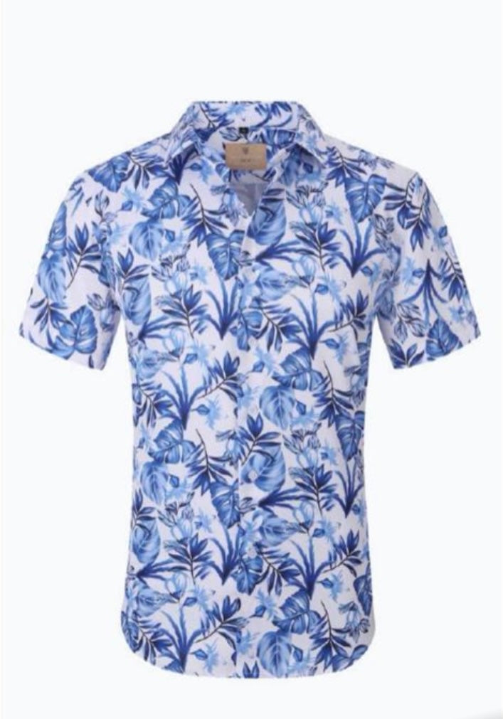CHEMISE MANCHE STYLE HAWAÏ BLANC ET BLEU