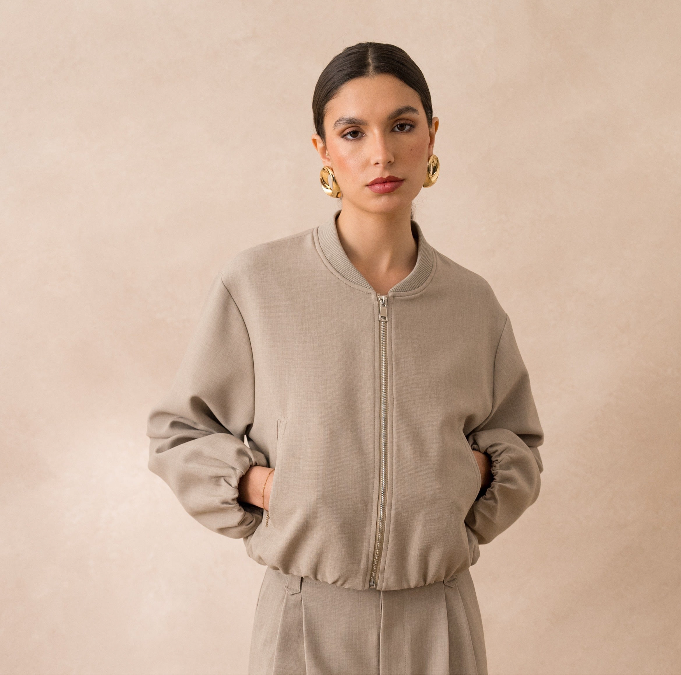 Ensemble Bombers + Pantalon large Taupe