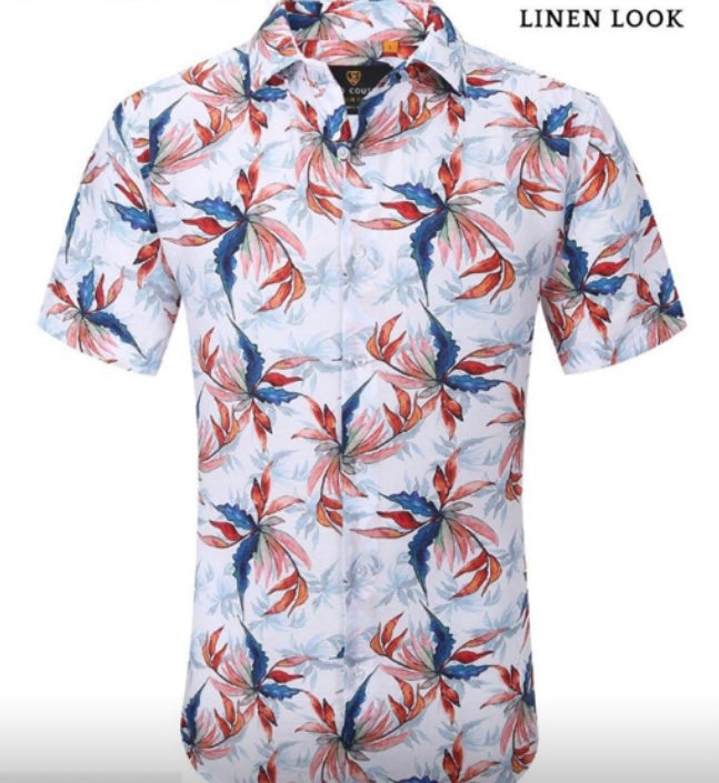 CHEMISE MANCHE STYLE HAWAÏ BLEU ET ROSE